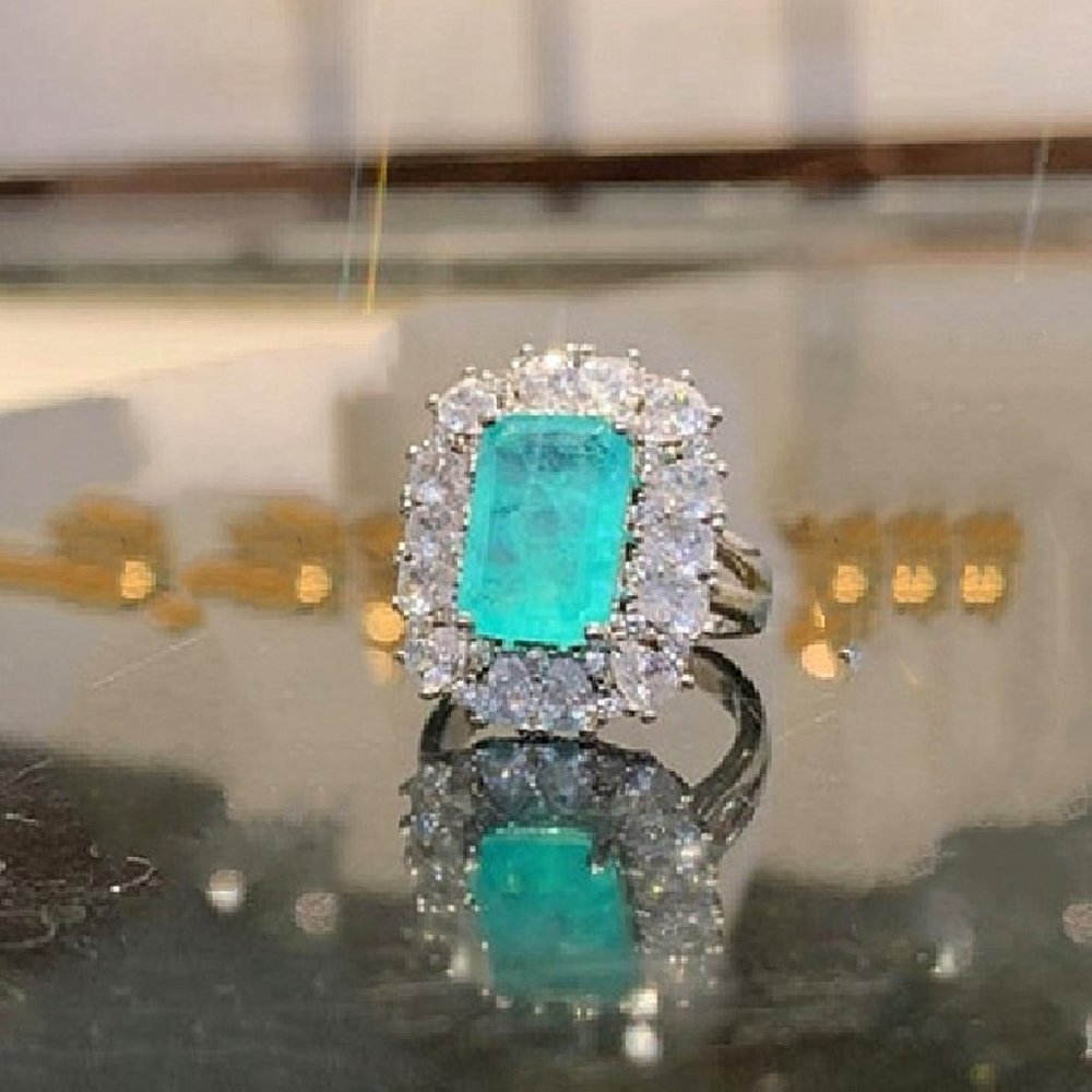 🍂 925 Silver Exclusive Blue Emerald Cut Cubic Zirconia Ring, FB16FA1064 - Picture 5 of 7